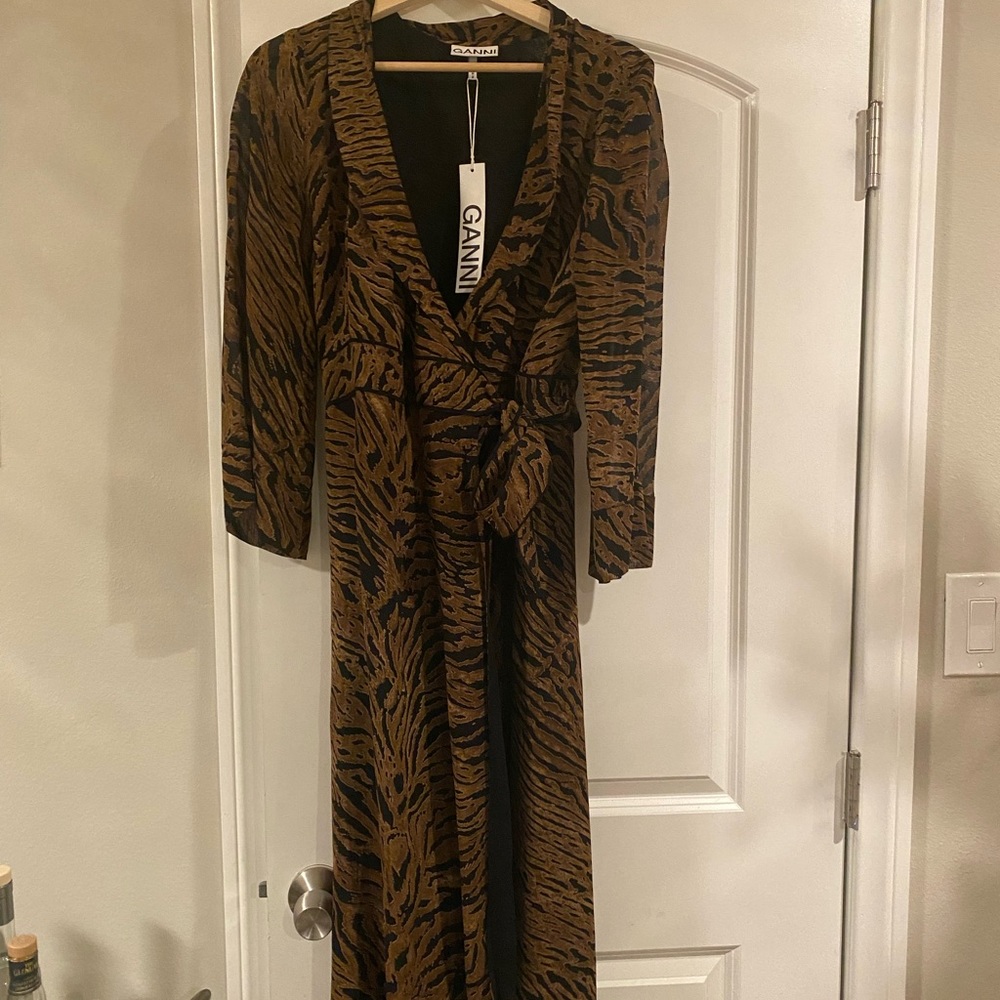 Ganni tiger print georgette wrap maxi dress